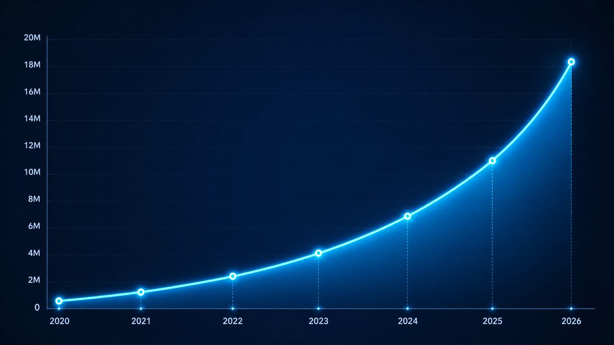 17c一起草官网用户增长数据图表,展示2020-2026年注册用户从50万增长至1800万的趋势